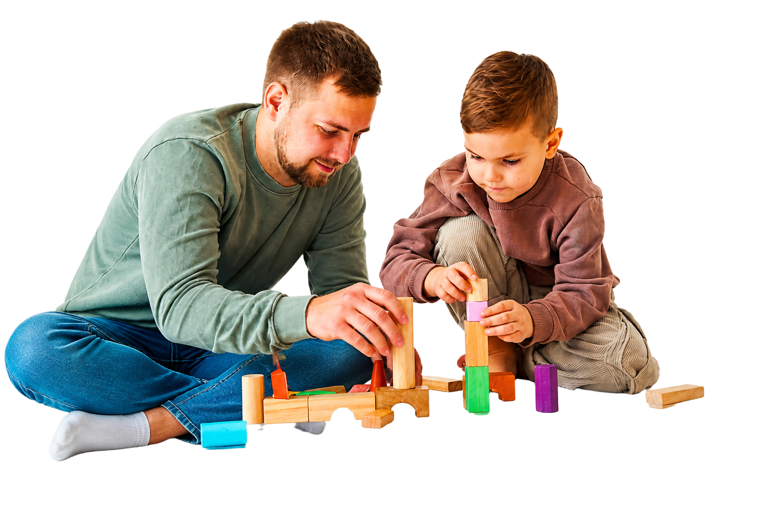 A team member playing and building with a child